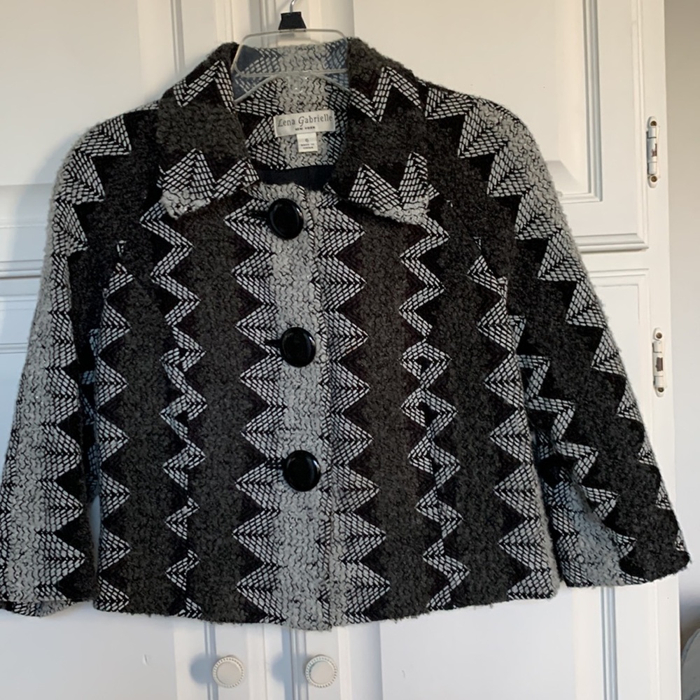 Boucle Black Gray Chevron Cropped Jacket By Lena Gabrielle Size 6 View 3